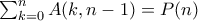 \sum_{k=0}^{n}A(k,n-1)=P(n) \sum_{k=0}^{n}A(k,n-1)=P(n)