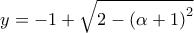 \displaystyle{y=-1+\sqrt{2-\left(\alpha+1\right)^2}} \displaystyle{y=-1+\sqrt{2-\left(\alpha+1\right)^2}}