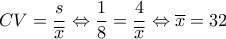 \displaystyle{
CV = \frac{s}{{\overline x }} \Leftrightarrow \frac{1}{8} = \frac{4}{{\overline x }} \Leftrightarrow \overline x = 32
} \displaystyle{
CV = \frac{s}{{\overline x }} \Leftrightarrow \frac{1}{8} = \frac{4}{{\overline x }} \Leftrightarrow \overline x = 32
}