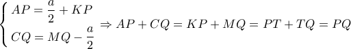 \left\{ \begin{gathered}
AP = \frac{a}{2} + KP \hfill \\
CQ = MQ - \frac{a}{2} \hfill \\
\end{gathered} \right. \Rightarrow AP + CQ = KP + MQ = PT + TQ = PQ \left\{ \begin{gathered}
AP = \frac{a}{2} + KP \hfill \\
CQ = MQ - \frac{a}{2} \hfill \\
\end{gathered} \right. \Rightarrow AP + CQ = KP + MQ = PT + TQ = PQ
