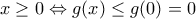 \displaystyle x\geq 0\Leftrightarrow g(x)\leq g(0)=0 \displaystyle x\geq 0\Leftrightarrow g(x)\leq g(0)=0