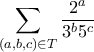 \displaystyle{ \sum_{(a,b,c) \in T} \frac{2^a}{3^b5^c}} \displaystyle{ \sum_{(a,b,c) \in T} \frac{2^a}{3^b5^c}}