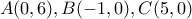 A(0,6) , B(-1,0) , C(5,0)