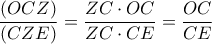 \displaystyle{
\frac{{(OCZ)}}{{(CZE)}} = \frac{{ZC \cdot OC}}{{ZC \cdot CE}} = \frac{{OC}}{{CE}}
} \displaystyle{
\frac{{(OCZ)}}{{(CZE)}} = \frac{{ZC \cdot OC}}{{ZC \cdot CE}} = \frac{{OC}}{{CE}}
}