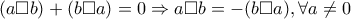 (a \Box b)+(b \Box a)=0 \Rightarrow a \Box b =-(b \Box a), \forall a \neq 0 (a \Box b)+(b \Box a)=0 \Rightarrow a \Box b =-(b \Box a), \forall a \neq 0