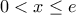 \displaystyle{0 < x \le e} \displaystyle{0 < x \le e}