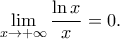 \displaystyle{\lim_{x\to +\infty}\frac{\ln x}{x}=0.} \displaystyle{\lim_{x\to +\infty}\frac{\ln x}{x}=0.}