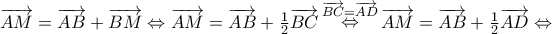 \overrightarrow {AM} = \overrightarrow {AB} + \overrightarrow {BM} \Leftrightarrow \overrightarrow {AM} = \overrightarrow {AB} + \frac{1}{2}\overrightarrow {BC} \mathop \Leftrightarrow \limits^{\overrightarrow {BC} = \overrightarrow {AD} } \overrightarrow {AM} = \overrightarrow {AB} + \frac{1}{2}\overrightarrow {AD} \Leftrightarrow \overrightarrow {AM} = \overrightarrow {AB} + \overrightarrow {BM} \Leftrightarrow \overrightarrow {AM} = \overrightarrow {AB} + \frac{1}{2}\overrightarrow {BC} \mathop \Leftrightarrow \limits^{\overrightarrow {BC} = \overrightarrow {AD} } \overrightarrow {AM} = \overrightarrow {AB} + \frac{1}{2}\overrightarrow {AD} \Leftrightarrow