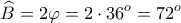 \displaystyle{\widehat{B}=2\varphi =2\cdot 36^{o}=72^{o}} \displaystyle{\widehat{B}=2\varphi =2\cdot 36^{o}=72^{o}}