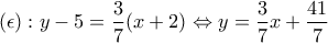 \displaystyle{(\epsilon):y-5=\frac{3}{7}(x+2)\Leftrightarrow y=\frac{3}{7}x+\frac{41}{7}}