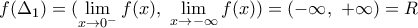 f({{\Delta }_{1}})=(\underset{x\to {{0}^{-}}}{\mathop{\lim }}\,f(x),\,\,\underset{x\to -\infty }{\mathop{\lim }}\,f(x))=(-\infty ,\,\,+\infty )=R f({{\Delta }_{1}})=(\underset{x\to {{0}^{-}}}{\mathop{\lim }}\,f(x),\,\,\underset{x\to -\infty }{\mathop{\lim }}\,f(x))=(-\infty ,\,\,+\infty )=R