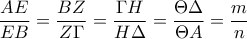 \displaystyle{\frac{AE}{EB}=\frac{BZ}{Z\Gamma }=\frac{\Gamma H}{H\Delta }=\frac{\Theta \Delta }{\Theta A}=\frac{m}{n}} \displaystyle{\frac{AE}{EB}=\frac{BZ}{Z\Gamma }=\frac{\Gamma H}{H\Delta }=\frac{\Theta \Delta }{\Theta A}=\frac{m}{n}}