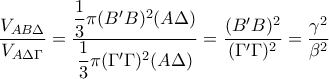 \displaystyle{
\frac{{V_{AB\Delta } }}{{V_{A\Delta \Gamma } }} =\frac{\dfrac{1}{3}\pi (B'B)^2(A\Delta)}{\dfrac{1}{3}\pi (\Gamma{'}\Gamma)^2(A\Delta)}=\dfrac{(B'B)^2}{(\Gamma{'}\Gamma)^2}= \frac{{\gamma ^2 }}{{\beta ^2 }}
} \displaystyle{
\frac{{V_{AB\Delta } }}{{V_{A\Delta \Gamma } }} =\frac{\dfrac{1}{3}\pi (B'B)^2(A\Delta)}{\dfrac{1}{3}\pi (\Gamma{'}\Gamma)^2(A\Delta)}=\dfrac{(B'B)^2}{(\Gamma{'}\Gamma)^2}= \frac{{\gamma ^2 }}{{\beta ^2 }}
}