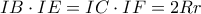 \displaystyle{IB \cdot IE = IC \cdot IF = 2Rr} \displaystyle{IB \cdot IE = IC \cdot IF = 2Rr}
