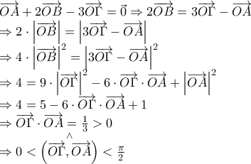 \begin{array}{l}
\overrightarrow {OA} + 2\overrightarrow {OB} - 3\overrightarrow {O\Gamma } = \vec 0 \Rightarrow 2\overrightarrow {OB} = 3\overrightarrow {O\Gamma } - \overrightarrow {OA} \\
\Rightarrow 2 \cdot \left| {\overrightarrow {OB} } \right| = \left| {3\overrightarrow {O\Gamma } - \overrightarrow {OA} } \right| \\
\Rightarrow 4 \cdot {\left| {\overrightarrow {OB} } \right|^2} = {\left| {3\overrightarrow {O\Gamma } - \overrightarrow {OA} } \right|^2} \\
\Rightarrow 4 = 9 \cdot {\left| {\overrightarrow {O\Gamma } } \right|^2} - 6 \cdot \overrightarrow {O\Gamma } \cdot \overrightarrow {OA} + {\left| {\overrightarrow {OA} } \right|^2} \\
\Rightarrow 4 = 5 - 6 \cdot \overrightarrow {O\Gamma } \cdot \overrightarrow {OA} + 1 \\
\Rightarrow \overrightarrow {O\Gamma } \cdot \overrightarrow {OA} = \frac{1}{3} > 0 \\
\Rightarrow 0 < \mathop {\left( {\overrightarrow {O\Gamma } ,\overrightarrow {OA} } \right)}\limits^ \wedge < \frac{\pi }{2} \\
\end{array} \begin{array}{l}
\overrightarrow {OA} + 2\overrightarrow {OB} - 3\overrightarrow {O\Gamma } = \vec 0 \Rightarrow 2\overrightarrow {OB} = 3\overrightarrow {O\Gamma } - \overrightarrow {OA} \\
\Rightarrow 2 \cdot \left| {\overrightarrow {OB} } \right| = \left| {3\overrightarrow {O\Gamma } - \overrightarrow {OA} } \right| \\
\Rightarrow 4 \cdot {\left| {\overrightarrow {OB} } \right|^2} = {\left| {3\overrightarrow {O\Gamma } - \overrightarrow {OA} } \right|^2} \\
\Rightarrow 4 = 9 \cdot {\left| {\overrightarrow {O\Gamma } } \right|^2} - 6 \cdot \overrightarrow {O\Gamma } \cdot \overrightarrow {OA} + {\left| {\overrightarrow {OA} } \right|^2} \\
\Rightarrow 4 = 5 - 6 \cdot \overrightarrow {O\Gamma } \cdot \overrightarrow {OA} + 1 \\
\Rightarrow \overrightarrow {O\Gamma } \cdot \overrightarrow {OA} = \frac{1}{3} > 0 \\
\Rightarrow 0 < \mathop {\left( {\overrightarrow {O\Gamma } ,\overrightarrow {OA} } \right)}\limits^ \wedge < \frac{\pi }{2} \\
\end{array}