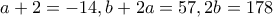 \displaystyle{a+2=-14,b+2a=57,2b=178}