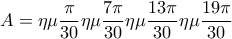 \displaystyle A=\eta\mu \frac{\pi}{30}\eta\mu\frac{7\pi}{30}\eta\mu\frac{13\pi}{30}\eta\mu\frac{19\pi}{30}