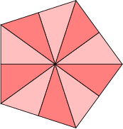 \begin{tikzpicture}[scale=2] 
\begin{scope}[xshift=2cm] 
    \foreach \x in {0,72,...,288} { 
        \draw[fill=red!25] (0, 0) -- (\x:1 cm) -- (\x + 36:0.809 cm) -- cycle; 
        \draw[fill=red!50] (0, 0) -- (\x + 36:0.809 cm) -- (\x + 72:1 cm) -- cycle; 
    } 
\end{scope} 
\end{tikzpicture}