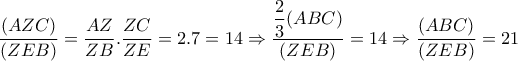 \dfrac{(AZC)}{(ZEB)}= \dfrac{AZ}{ZB}. \dfrac{ZC}{ZE} =2.7 =14 \Rightarrow  \dfrac{ \dfrac{2}{3}(ABC) }{(ZEB)}=14 \Rightarrow   \dfrac{(ABC)}{(ZEB)}=21  
