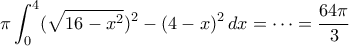 \displaystyle{\pi \int_0^4 (\sqrt{16-x^2})^2-(4-x)^2\,dx=\cdots =\frac{64\pi}{3}}