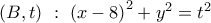 \left( {B,t} \right)\,\,:\,\,{\left( {x - 8} \right)^2} + {y^2} = {t^2}