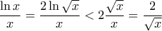 \displaystyle{\frac{\ln x}{x}=\frac{2\ln \sqrt{x}}{x}<2\frac{\sqrt{x}}{x}=\frac{2}{\sqrt{x}}}