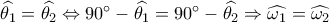 \widehat {{\theta _1}} = \widehat {{\theta _2}} \Leftrightarrow 90^\circ  - \widehat {{\theta _1}} = 90^\circ  - \widehat {{\theta _2}} \Rightarrow \widehat {{\omega _1}} = \widehat {{\omega _2}}