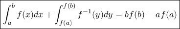 \displaystyle{\boxed {\int _a^bf(x)dx+\int_{f(a)}^{f(b)} f^{-1}(y)dy= bf(b)-af(a)}}