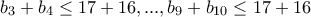 b_3 + b_4 \leq 17 + 16, ..., b_9 + b_{10} \leq 17 + 16