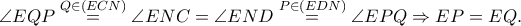 \displaystyle \angle EQP\overset{Q\in \left ( ECN \right )}=\angle ENC=\angle END\overset{P\in \left ( EDN \right )}=\angle EPQ\Rightarrow EP=EQ.