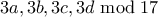 3a,3b,3c,3d \bmod 17