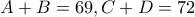 A+B=69, C+D= 72