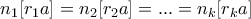 \displaystyle{n_1[r_1a]=n_2[r_2a]=...=n_k[r_ka]}