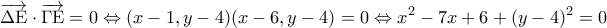 \displaystyle{\overrightarrow {\Delta {\rm E}}  \cdot \overrightarrow {\Gamma {\rm E}}  = 0 \Leftrightarrow (x - 1,y - 4)(x - 6,y - 4) = 0 \Leftrightarrow {x^2} - 7x + 6 + {(y - 4)^2} = 0}