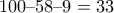 100 &ndash; 58 &ndash; 9 = 33