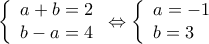 \displaystyle \left\{ \begin{array}{l} 
a + b = 2\\ 
b - a = 4 
\end{array} \right. \Leftrightarrow \left\{ \begin{array}{l} 
a =  - 1\\ 
b = 3 
\end{array} \right.