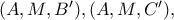(A, M, B'), (A, M, C'),