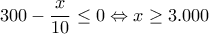  \displaystyle 300 - \frac{x}{{10}} \le 0 \Leftrightarrow x \ge 3.000