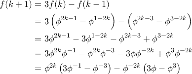 \displaystyle
\begin{aligned}
f(k+1) & = 3f(k) - f(k-1) \\
& = 3\left(\phi^{2k-1} - \phi^{1-2k}\right) - \left(\phi^{2k-3} - \phi^{3-2k}\right) \\
& = 3\phi^{2k-1} - 3\phi^{1-2k} - \phi^{2k-3} + \phi^{3-2k} \\
& = 3\phi^{2k}\phi^{-1} - \phi^{2k}\phi^{-3} - 3\phi \phi^{-2k} + \phi^3 \phi^{-2k} \\
& = \phi^{2k}\left(3\phi^{-1} - \phi^{-3}\right) - \phi^{-2k}\left(3\phi - \phi^3\right)
\end{aligned}
\displaystyle
\begin{aligned}
f(k+1) & = 3f(k) - f(k-1) \\
& = 3\left(\phi^{2k-1} - \phi^{1-2k}\right) - \left(\phi^{2k-3} - \phi^{3-2k}\right) \\
& = 3\phi^{2k-1} - 3\phi^{1-2k} - \phi^{2k-3} + \phi^{3-2k} \\
& = 3\phi^{2k}\phi^{-1} - \phi^{2k}\phi^{-3} - 3\phi \phi^{-2k} + \phi^3 \phi^{-2k} \\
& = \phi^{2k}\left(3\phi^{-1} - \phi^{-3}\right) - \phi^{-2k}\left(3\phi - \phi^3\right)
\end{aligned}