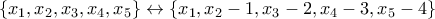 \{x_1,x_2,x_3,x_4,x_5\}\leftrightarrow \{x_1,x_2-1,x_3-2,x_4-3,x_5-4\}