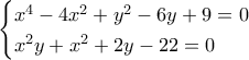 \begin{cases} x^4 - 4x^2 + y^2 - 6y + 9 = 0 \\ x^2 y + x^2 + 2y - 22 = 0 \end{cases} \begin{cases} x^4 - 4x^2 + y^2 - 6y + 9 = 0 \\ x^2 y + x^2 + 2y - 22 = 0 \end{cases}