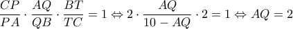 \displaystyle \frac{{CP}}{{PA}} \cdot \frac{{AQ}}{{QB}} \cdot \frac{{BT}}{{TC}} = 1 \Leftrightarrow 2 \cdot \frac{{AQ}}{{10 - AQ}} \cdot 2 = 1 \Leftrightarrow AQ = 2 \displaystyle \frac{{CP}}{{PA}} \cdot \frac{{AQ}}{{QB}} \cdot \frac{{BT}}{{TC}} = 1 \Leftrightarrow 2 \cdot \frac{{AQ}}{{10 - AQ}} \cdot 2 = 1 \Leftrightarrow AQ = 2