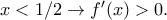 x<1/2\rightarrow f'(x)>0. x<1/2\rightarrow f'(x)>0.