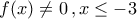 \displaystyle{f(x)\neq 0\,,x\leq -3}