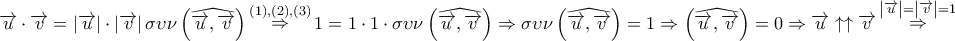 \displaystyle{
\overrightarrow u \cdot \overrightarrow v = \left| {\overrightarrow u } \right| \cdot \left| {\overrightarrow v } \right|\sigma \upsilon \nu \left( {\widehat{\overrightarrow u ,\overrightarrow v }} \right)\mathop \Rightarrow \limits^{\left( 1 \right),\left( 2 \right),\left( 3 \right)} 1 = 1 \cdot 1 \cdot \sigma \upsilon \nu \left( {\widehat{\overrightarrow u ,\overrightarrow v }} \right) \Rightarrow \sigma \upsilon \nu \left( {\widehat{\overrightarrow u ,\overrightarrow v }} \right) = 1 \Rightarrow \left( {\widehat{\overrightarrow u ,\overrightarrow v }} \right) = 0 \Rightarrow \overrightarrow u \uparrow \uparrow \overrightarrow v \mathop \Rightarrow \limits^{\left| {\overrightarrow u } \right| = \left| {\overrightarrow v } \right| = 1}
} \displaystyle{
\overrightarrow u \cdot \overrightarrow v = \left| {\overrightarrow u } \right| \cdot \left| {\overrightarrow v } \right|\sigma \upsilon \nu \left( {\widehat{\overrightarrow u ,\overrightarrow v }} \right)\mathop \Rightarrow \limits^{\left( 1 \right),\left( 2 \right),\left( 3 \right)} 1 = 1 \cdot 1 \cdot \sigma \upsilon \nu \left( {\widehat{\overrightarrow u ,\overrightarrow v }} \right) \Rightarrow \sigma \upsilon \nu \left( {\widehat{\overrightarrow u ,\overrightarrow v }} \right) = 1 \Rightarrow \left( {\widehat{\overrightarrow u ,\overrightarrow v }} \right) = 0 \Rightarrow \overrightarrow u \uparrow \uparrow \overrightarrow v \mathop \Rightarrow \limits^{\left| {\overrightarrow u } \right| = \left| {\overrightarrow v } \right| = 1}
}