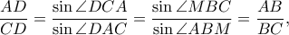 \dfrac{AD}{CD}=\dfrac{\sin \angle DCA}{\sin \angle DAC}=\dfrac{\sin \angle MBC}{\sin \angle ABM}=\dfrac{AB}{BC}, \dfrac{AD}{CD}=\dfrac{\sin \angle DCA}{\sin \angle DAC}=\dfrac{\sin \angle MBC}{\sin \angle ABM}=\dfrac{AB}{BC},