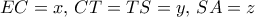 EC=x, \, CT=TS=y, \, SA=z