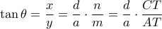 \tan \theta = \dfrac {x}{y}=  \dfrac {d}{a} \cdot \dfrac {n}{m}  =  \dfrac {d}{a} \cdot \dfrac {CT}{AT}