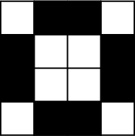 \begin{tikzpicture}[line cap=round,line join=round,>=triangle 45,x=1.0cm,y=1.0cm] 
\clip(-0.7,-0.48) rectangle (4.68,4.6); 
\fill[line width=2.pt,fill=black,fill opacity=1.0] (0.,3.) -- (1.,3.) -- (1.,1.) -- (0.,1.) -- cycle; 
\fill[line width=2.pt,fill=black,fill opacity=1.0] (1.,4.) -- (1.,3.) -- (3.,3.) -- (3.,4.) -- cycle; 
\fill[line width=2.pt,fill=black,fill opacity=1.0] (3.,3.) -- (3.,1.) -- (4.,1.) -- (4.,3.) -- cycle; 
\fill[line width=2.pt,fill=black,fill opacity=1.0] (1.,1.) -- (1.,0.) -- (3.,0.) -- (3.,1.) -- cycle; 
\draw [line width=1.2pt] (0.,0.)-- (0.,4.); 
\draw [line width=1.2pt] (0.,4.)-- (4.,4.); 
\draw [line width=1.2pt] (4.,4.)-- (4.,0.); 
\draw [line width=1.2pt] (4.,0.)-- (0.,0.); 
\draw [line width=1.2pt] (1.,0.)-- (1.,4.); 
\draw [line width=1.2pt] (2.,4.)-- (2.,0.); 
\draw [line width=1.2pt] (3.,0.)-- (3.,4.); 
\draw [line width=1.2pt] (0.,3.)-- (4.,3.); 
\draw [line width=1.2pt] (4.,2.)-- (0.,2.); 
\draw [line width=1.2pt] (0.,1.)-- (4.,1.); 
\draw [line width=1.2pt] (0.,3.)-- (1.,3.); 
\draw [line width=1.2pt] (1.,3.)-- (1.,1.); 
\draw [line width=1.2pt] (1.,1.)-- (0.,1.); 
\draw [line width=1.2pt] (0.,1.)-- (0.,3.); 
\draw [line width=1.2pt] (1.,4.)-- (1.,3.); 
\draw [line width=1.2pt] (1.,3.)-- (3.,3.); 
\draw [line width=1.2pt] (3.,3.)-- (3.,4.); 
\draw [line width=1.2pt] (3.,4.)-- (1.,4.); 
\draw [line width=1.2pt] (3.,3.)-- (3.,1.); 
\draw [line width=1.2pt] (3.,1.)-- (4.,1.); 
\draw [line width=1.2pt] (4.,1.)-- (4.,3.); 
\draw [line width=1.2pt] (4.,3.)-- (3.,3.); 
\draw [line width=1.2pt] (1.,1.)-- (1.,0.); 
\draw [line width=1.2pt] (1.,0.)-- (3.,0.); 
\draw [line width=1.2pt] (3.,0.)-- (3.,1.); 
\draw [line width=1.2pt] (3.,1.)-- (1.,1.); 
\end{tikzpicture} 
