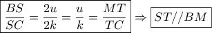 \boxed{\frac{{BS}}{{SC}} = \frac{{2u}}{{2k}} = \frac{u}{k} = \frac{{MT}}{{TC}}} \Rightarrow \boxed{ST//BM}